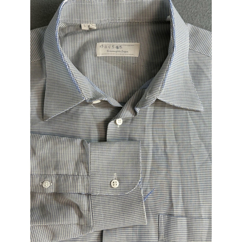 Ermenegildo Zegna Dress Shirt Mens 16.5 Blue Check Cotton Button Up Long Sleeve